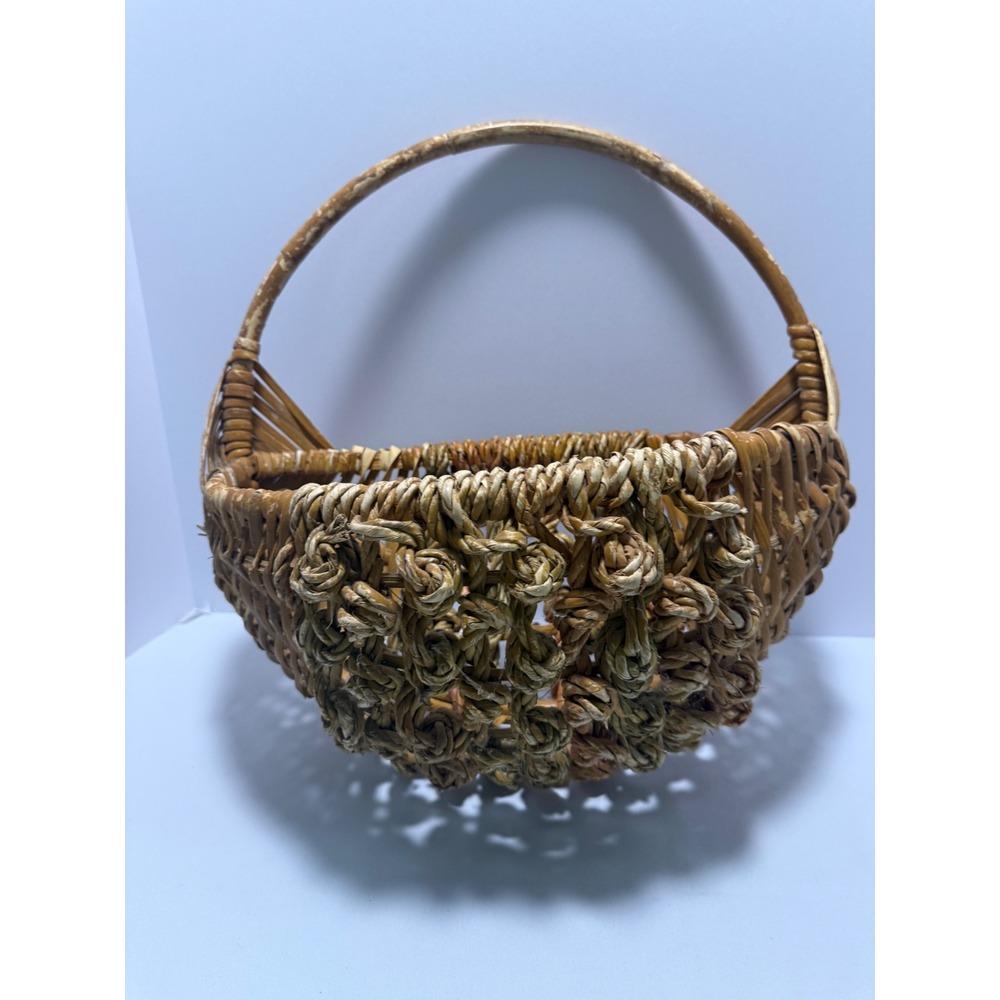 Vintage Wicker Wall Pocket Basket Knotted Rope Detail Crescent Half‎ Moon Brown